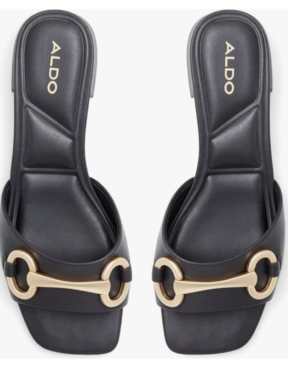 ALDO Faiza Black Heeled Sandals | Gold Hardware Square Toe Mules | Size 8